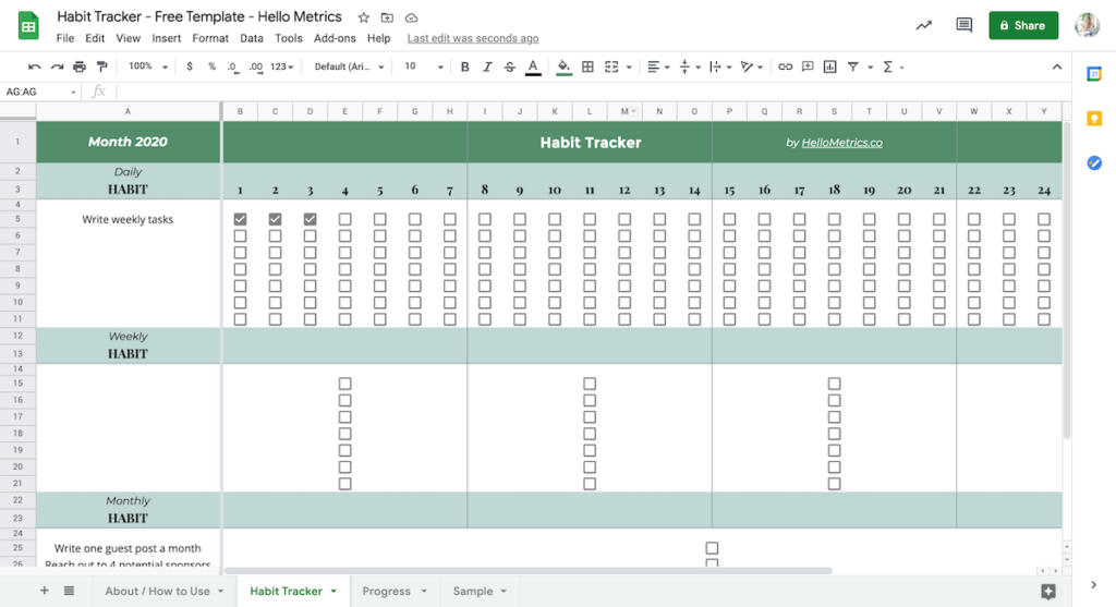 Google Sheets Habit Tracker (Free Template) | Hello Metrics