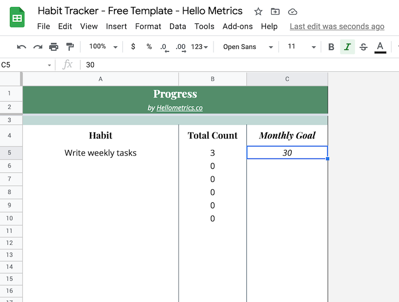 Google Sheets Habit Tracker (Free Template) | Hello Metrics